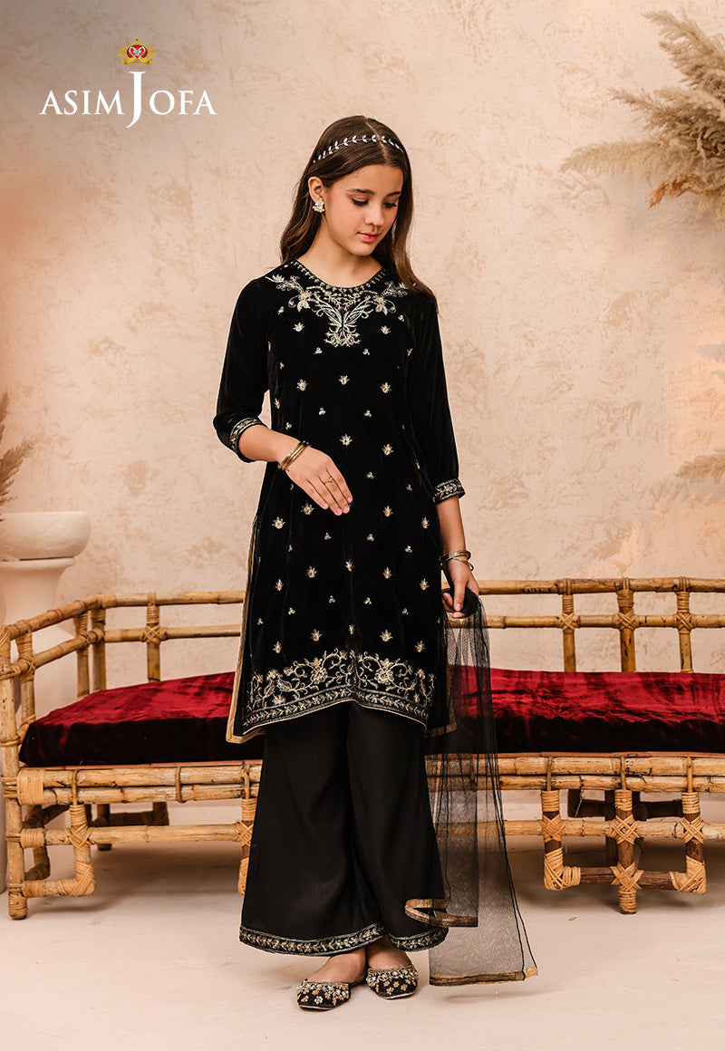 Pakistani Black Embroidered Velvet 3-Piece Salwar Kameez - Image 3