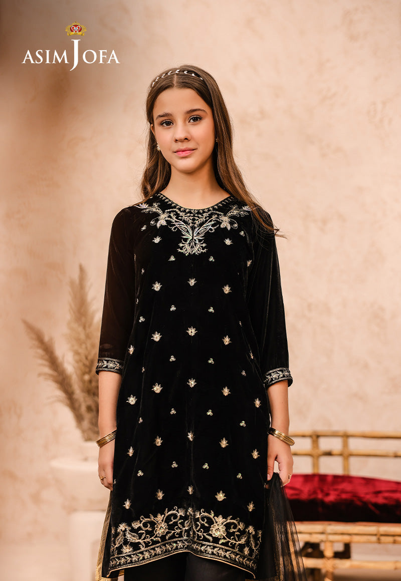 Pakistani Black Embroidered Velvet 3-Piece Salwar Kameez - Image 4
