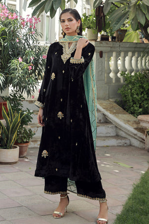 Black Embellished Velvet Salwar Kameez (3-Piece) - Image 2