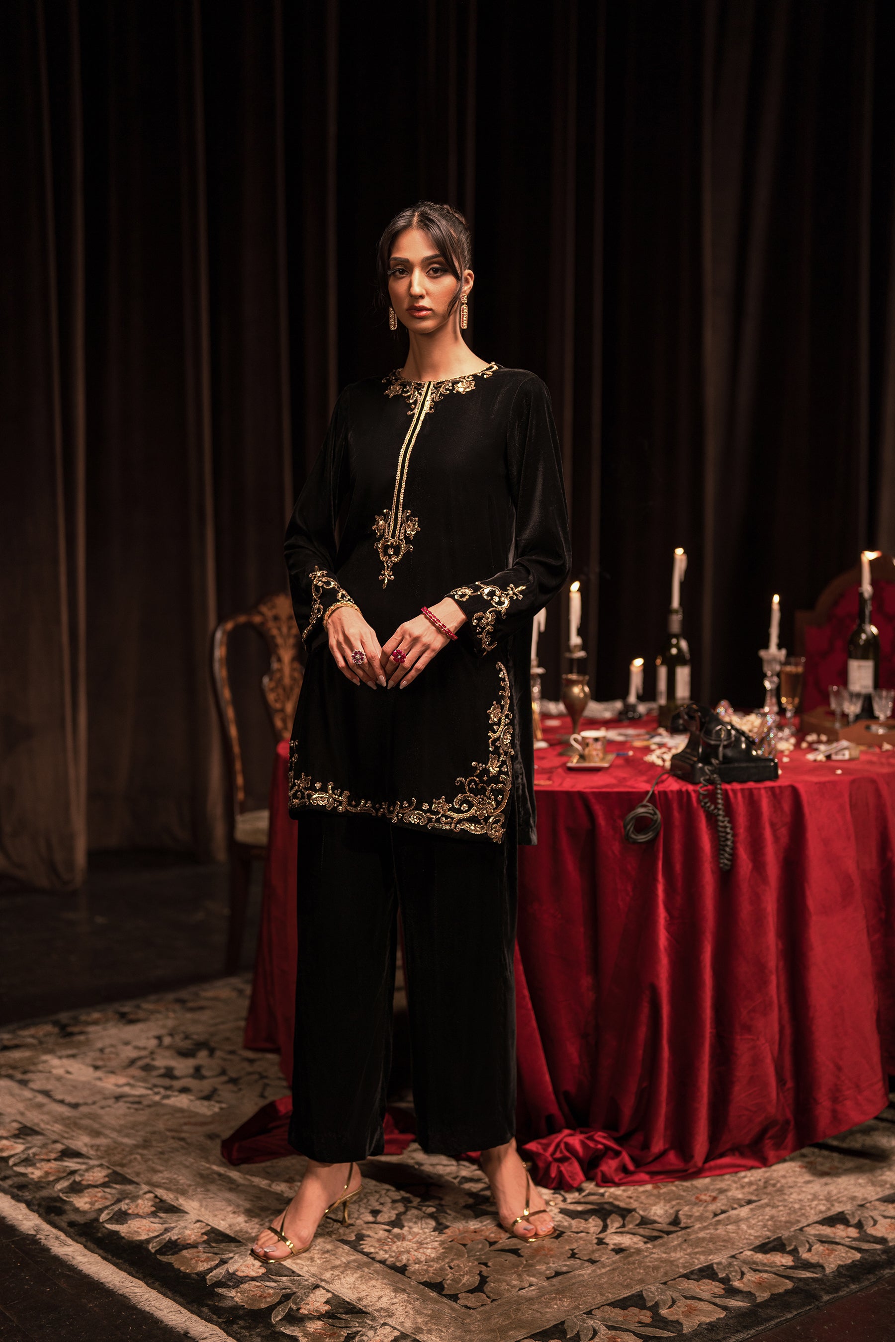 Black Mukesh Embroidered Velvet Salwar Kameez (3-Piece) - Image 1