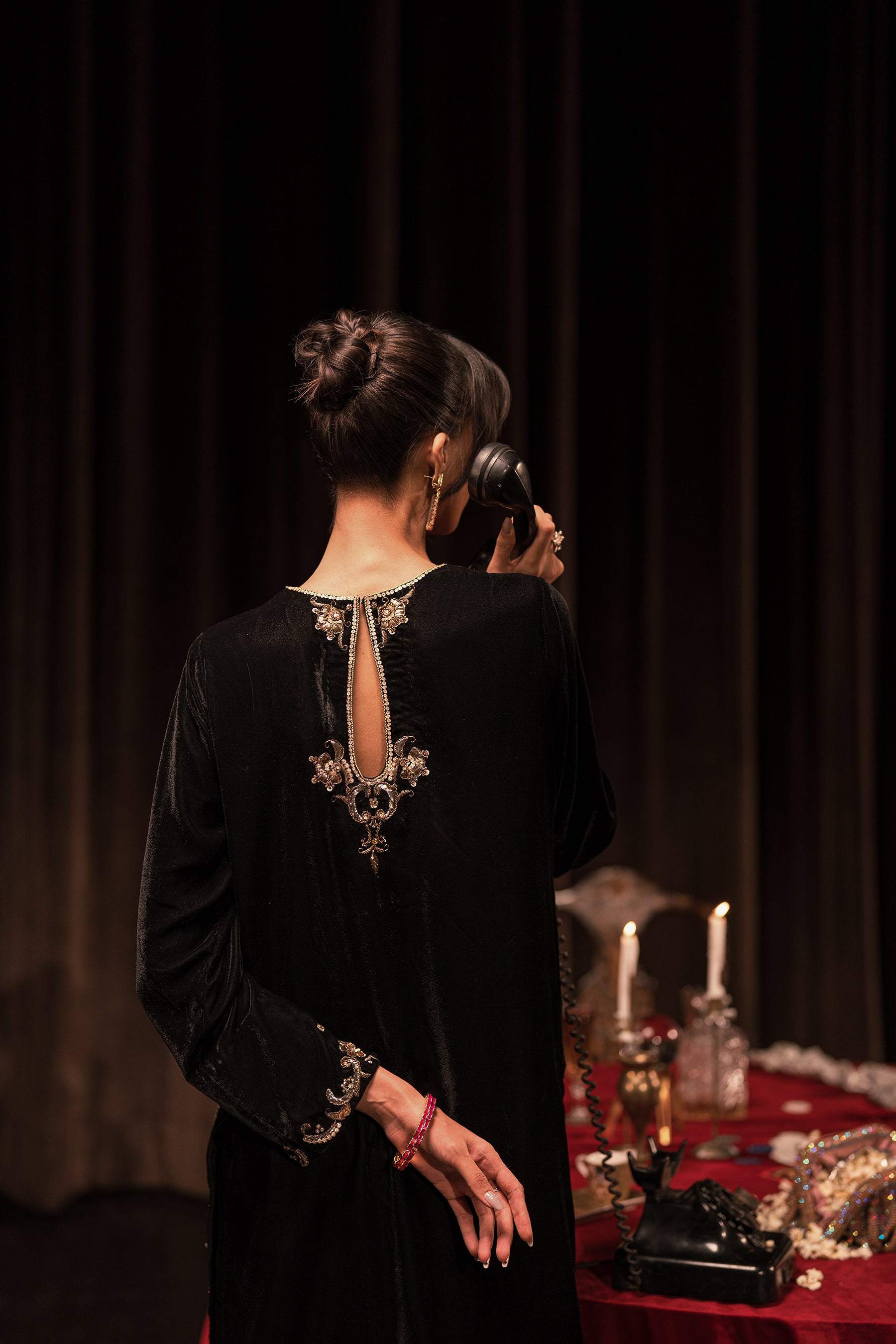 Black Mukesh Embroidered Velvet Salwar Kameez (3-Piece) - Image 2