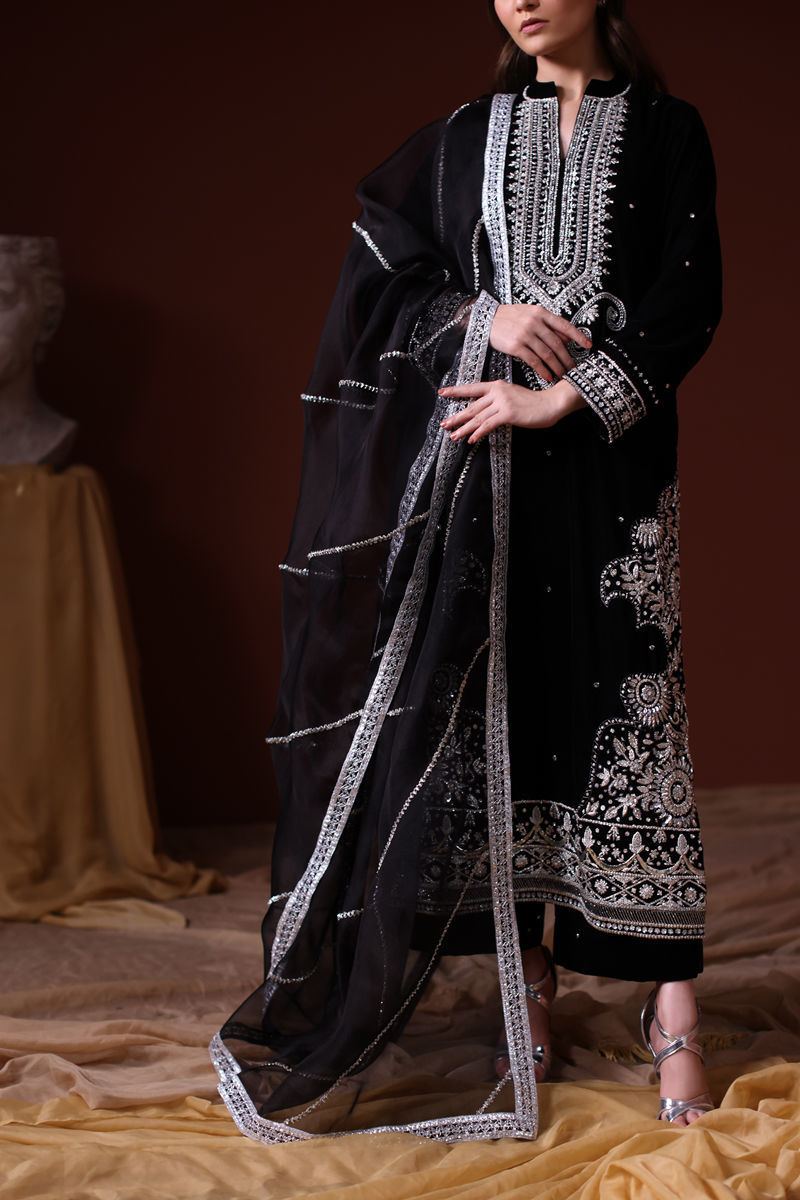 Black Embroidered Velvet Salwar Kameez (3-Piece) - Image 1