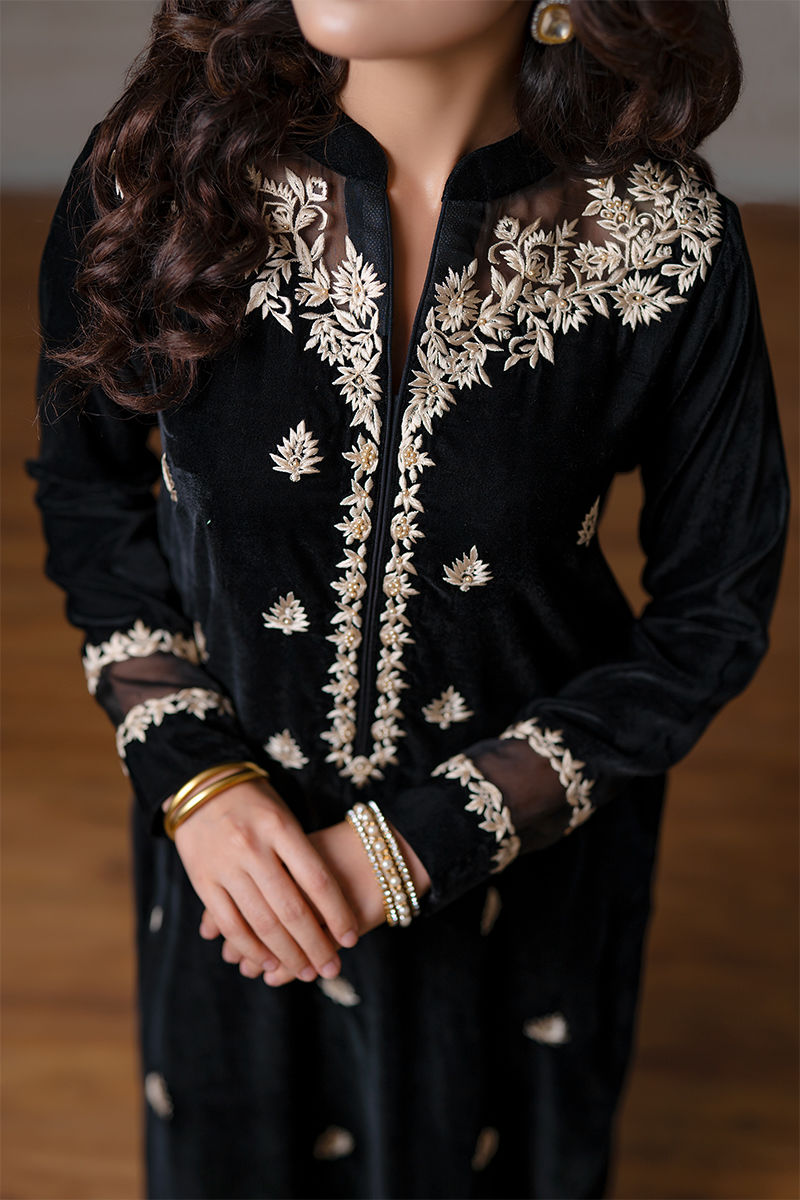 Black Embroidered Velvet Long Shirt (2-Piece) - Image 1
