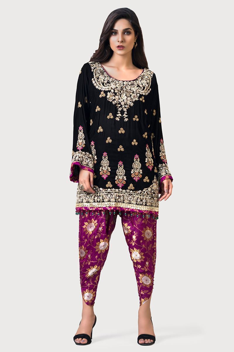 Black Resham Embroidered Velvet Salwar Kameez (2-Piece) - Image 1