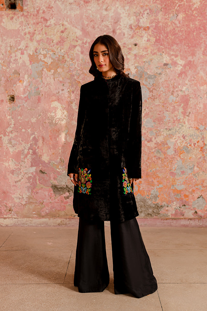 Pakistani Black Embroidered Velvet & Silk Jacket Set (2-Piece) - Image 1