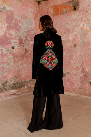 Pakistani Black Embroidered Velvet & Silk Jacket Set (2-Piece) - Image 3