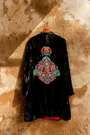 Pakistani Black Embroidered Velvet & Silk Jacket Set (2-Piece) - Image 4