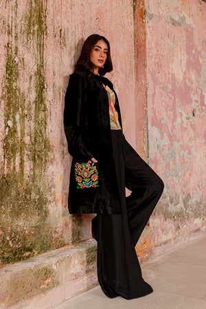 Pakistani Black Embroidered Velvet & Silk Jacket Set (2-Piece) - Image 5