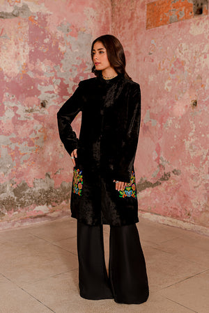 Pakistani Black Embroidered Velvet & Silk Jacket Set (2-Piece) - Image 7