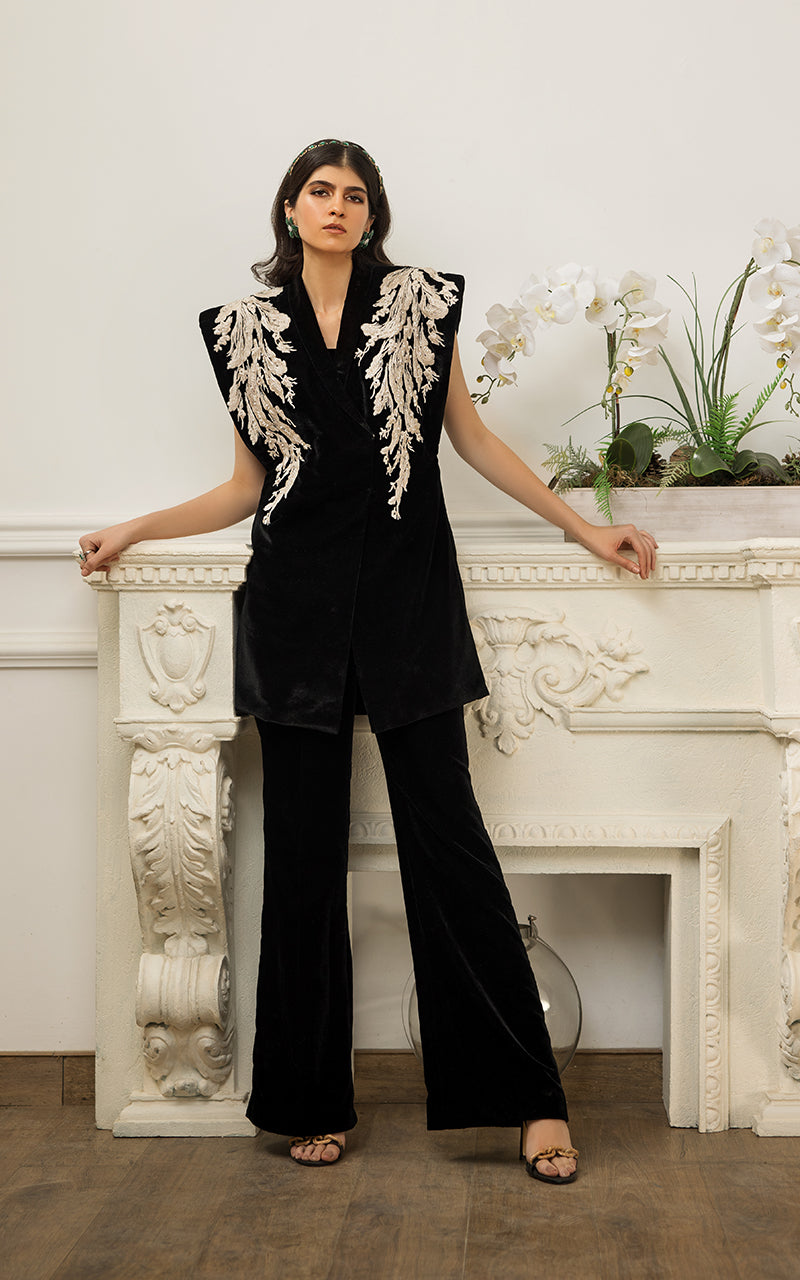 Pakistani Black Embroidered Velvet Jacket & Trousers (2-Piece) - Image 1