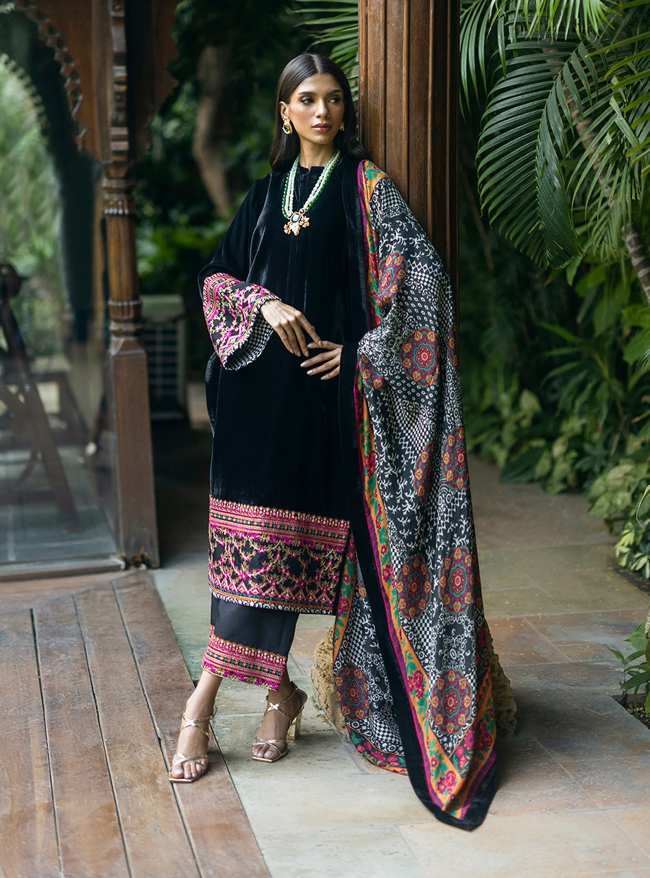 Black Embroidered Velvet Salwar Kameez (3-Piece) - Image 1