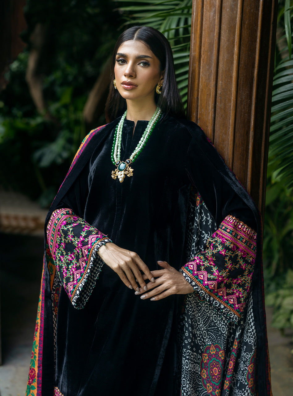 Black Embroidered Velvet Salwar Kameez (3-Piece) - Image 5