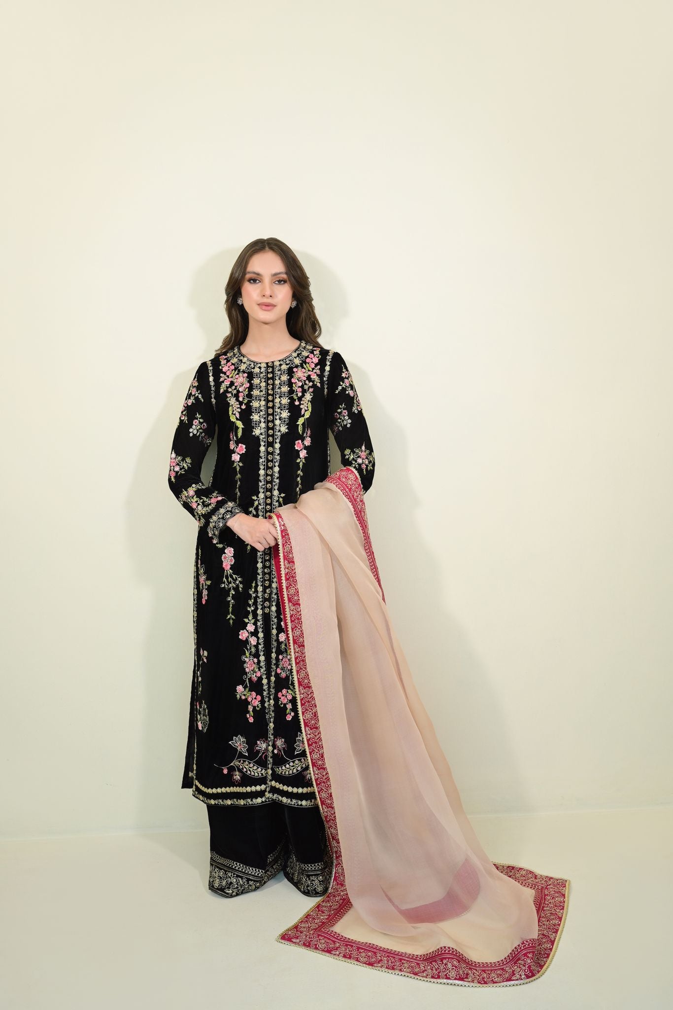 Pakistani Black Velvet Embroidered Salwar Kameez (3-Piece) - Image 1