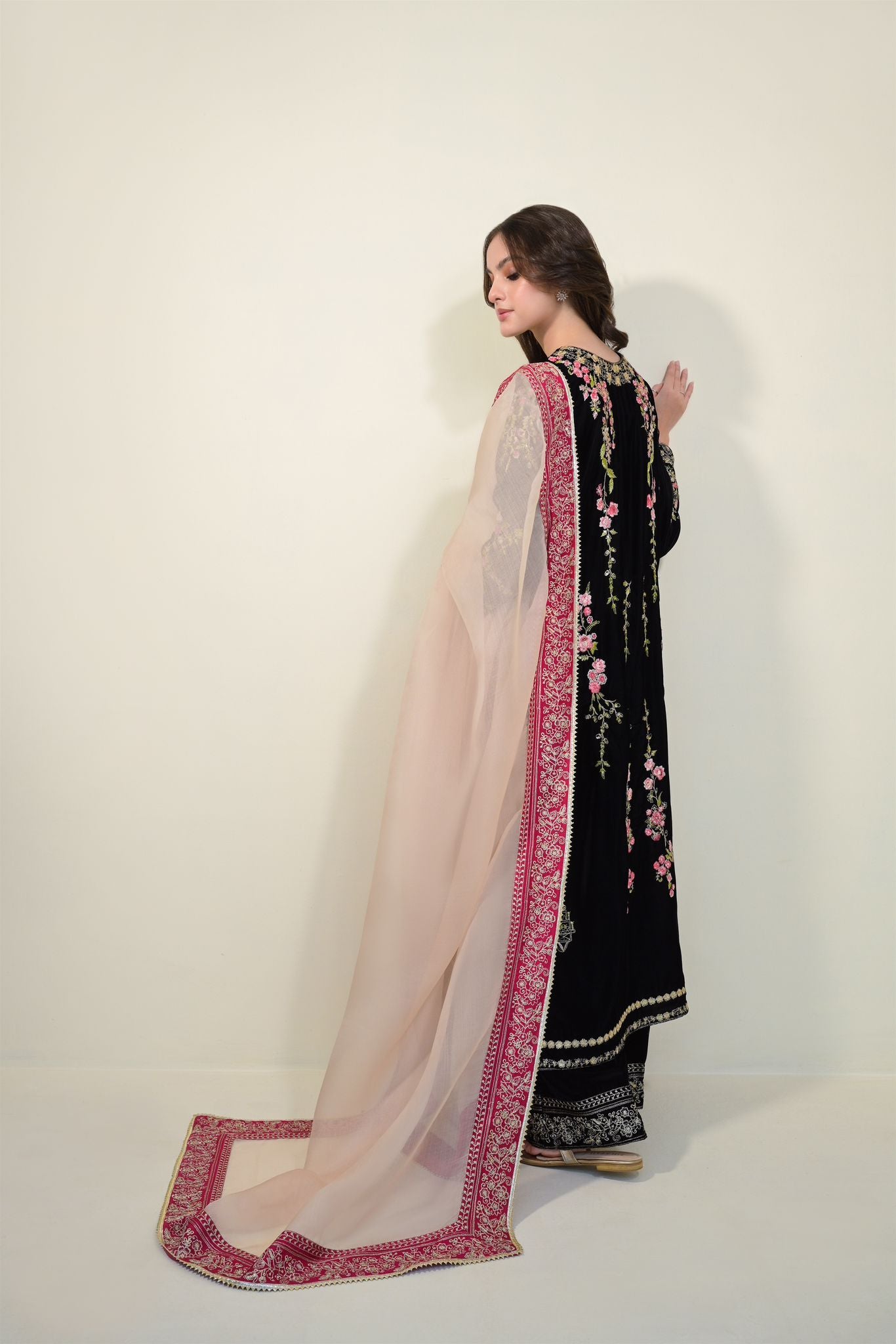 Pakistani Black Velvet Embroidered Salwar Kameez (3-Piece) - Image 2