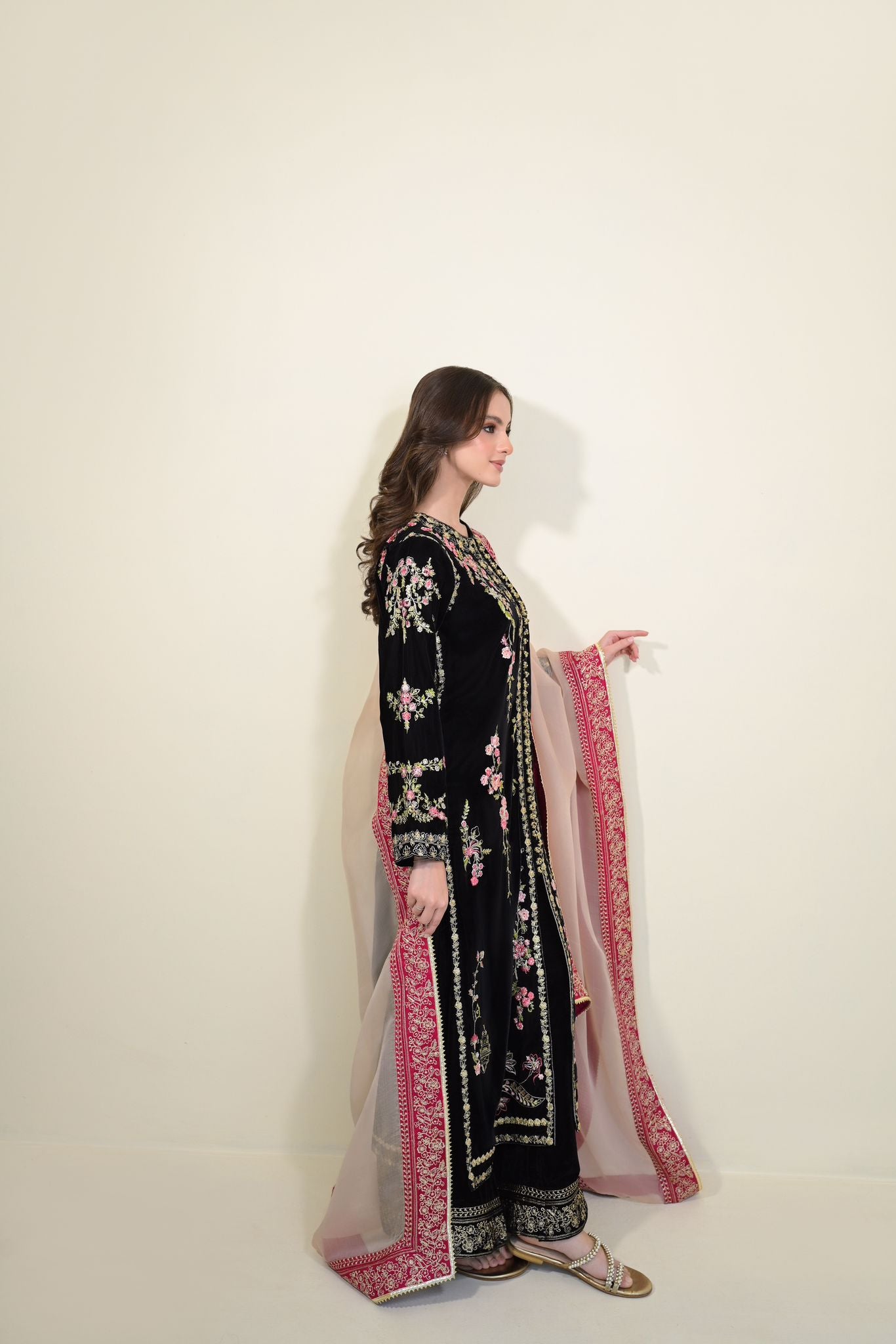 Pakistani Black Velvet Embroidered Salwar Kameez (3-Piece) - Image 3