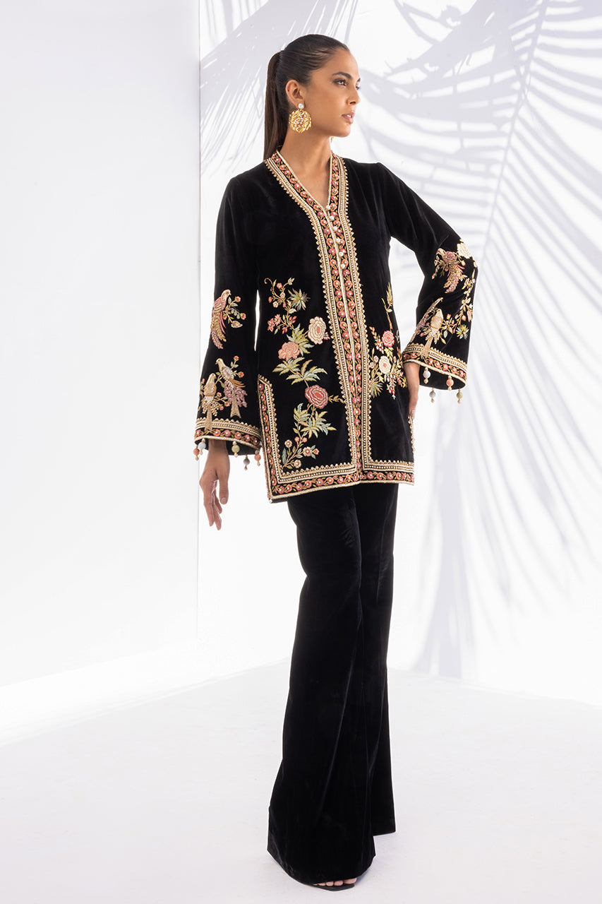 Black Zardozi Velvet Jacket with Raw Silk Trousers (2-Piece) - Image 1