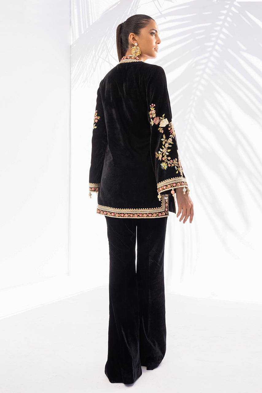 Black Zardozi Velvet Jacket with Raw Silk Trousers (2-Piece) - Image 2