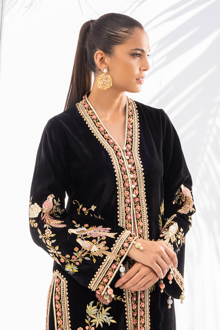 Black Zardozi Velvet Jacket with Raw Silk Trousers (2-Piece) - Image 3