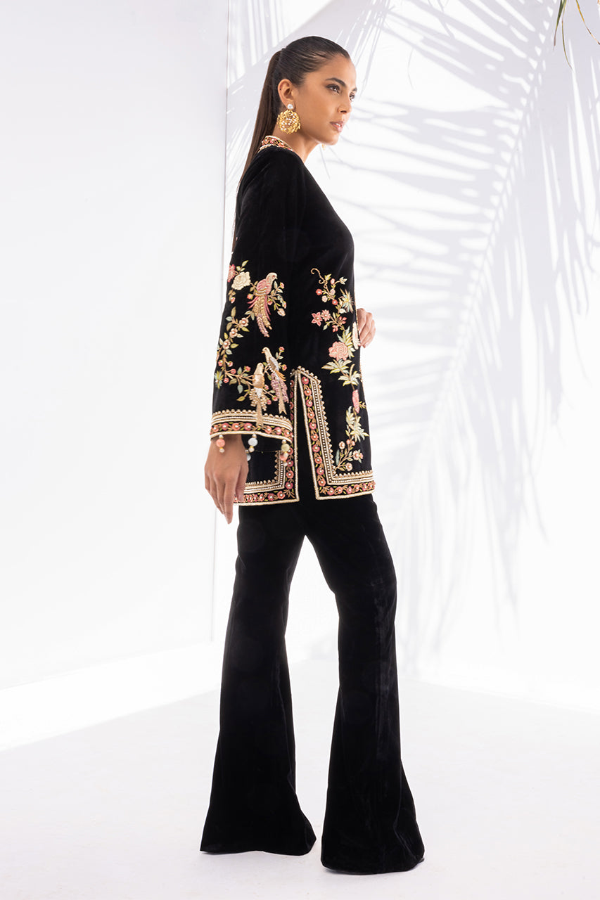 Black Zardozi Velvet Jacket with Raw Silk Trousers (2-Piece) - Image 4