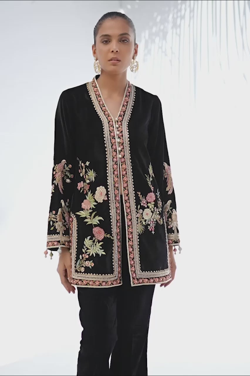 Black Zardozi Velvet Jacket with Raw Silk Trousers (2-Piece) - Image 5