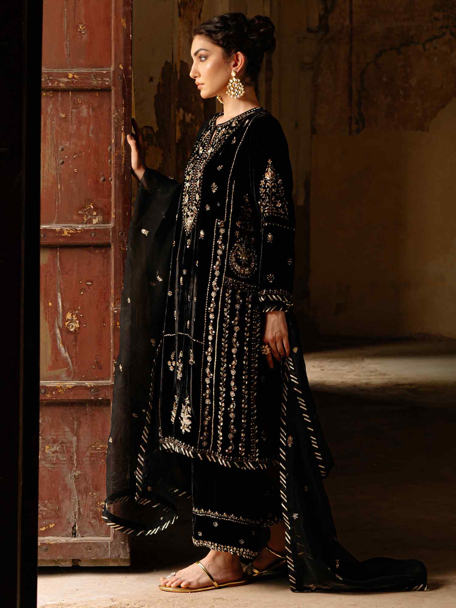 Pakistani Black Zari & Zardozi Velvet Salwar Kameez (3-Piece) - Image 4