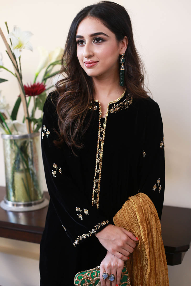 Black Zardozi Velvet Salwar Kameez (3-Piece) - Image 2