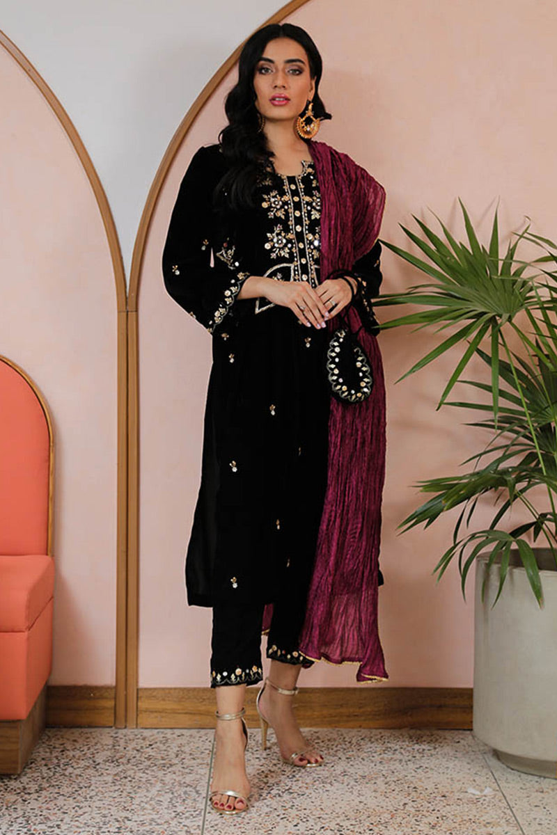 Dusky Black Zardozi Velvet Salwar Kameez (3-Piece) - Image 1