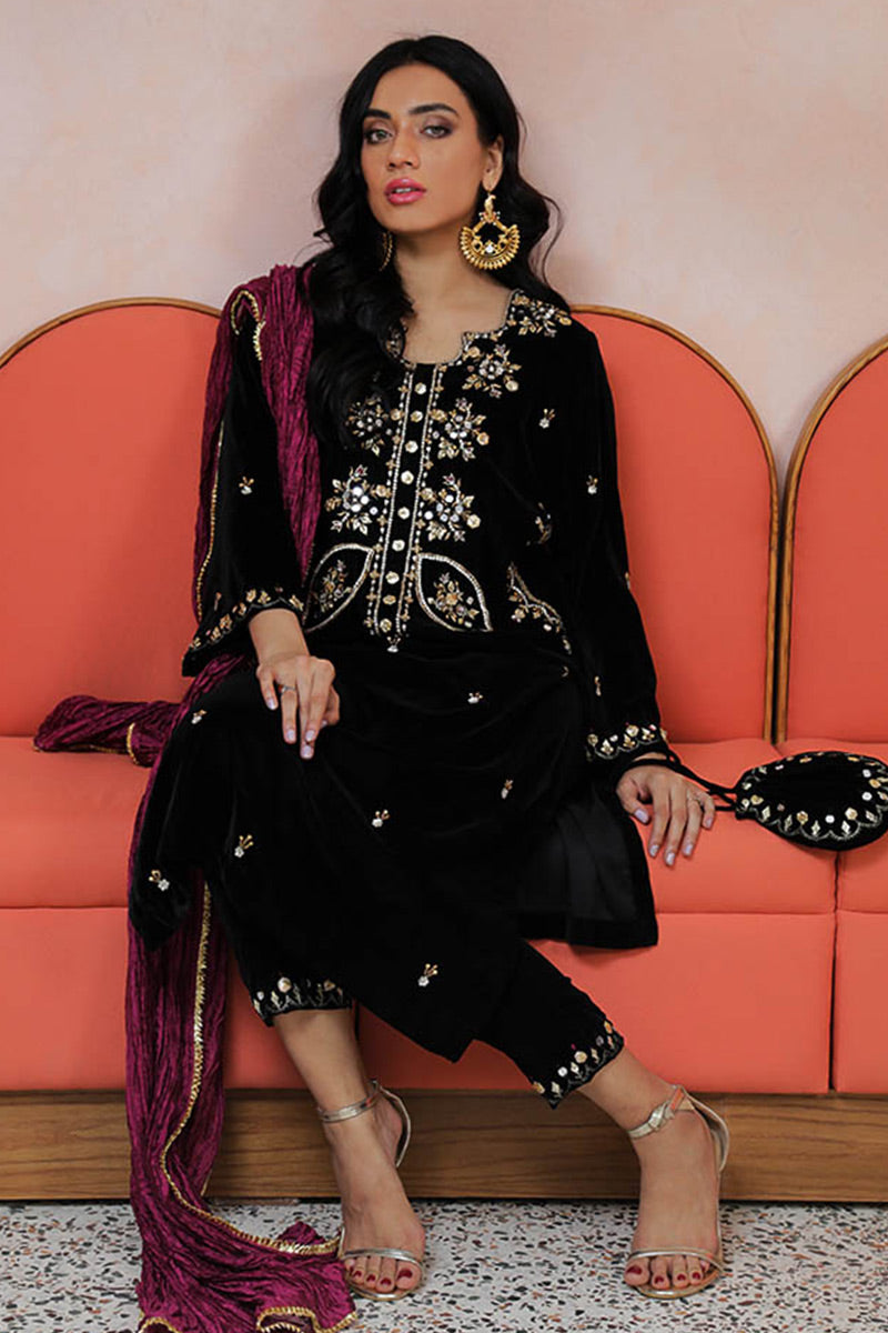 Dusky Black Zardozi Velvet Salwar Kameez (3-Piece) - Image 2