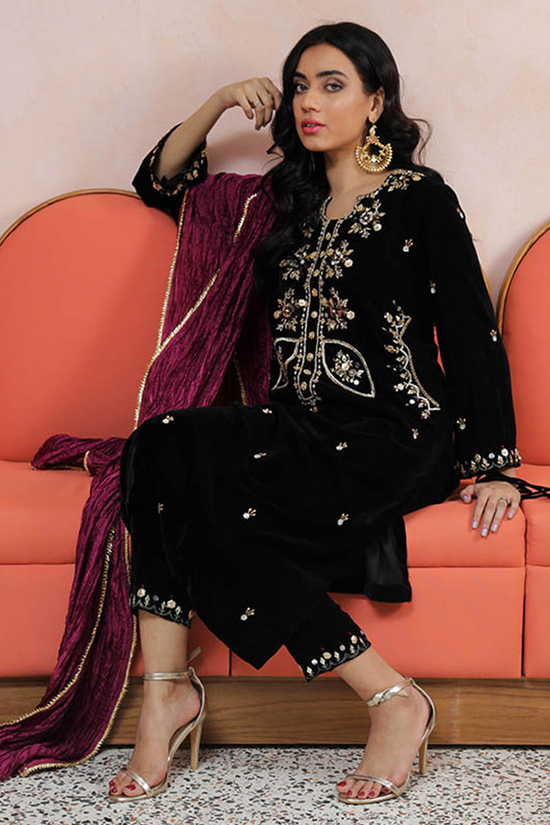 Dusky Black Zardozi Velvet Salwar Kameez (3-Piece) - Image 3