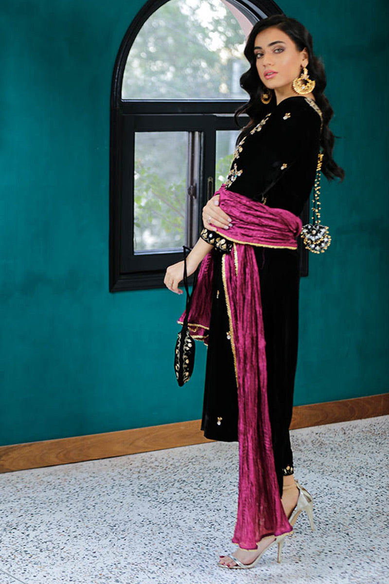 Dusky Black Zardozi Velvet Salwar Kameez (3-Piece) - Image 6