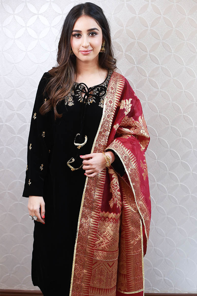 Black Zardozi Velvet Salwar Kameez (3-Piece) - Image 3