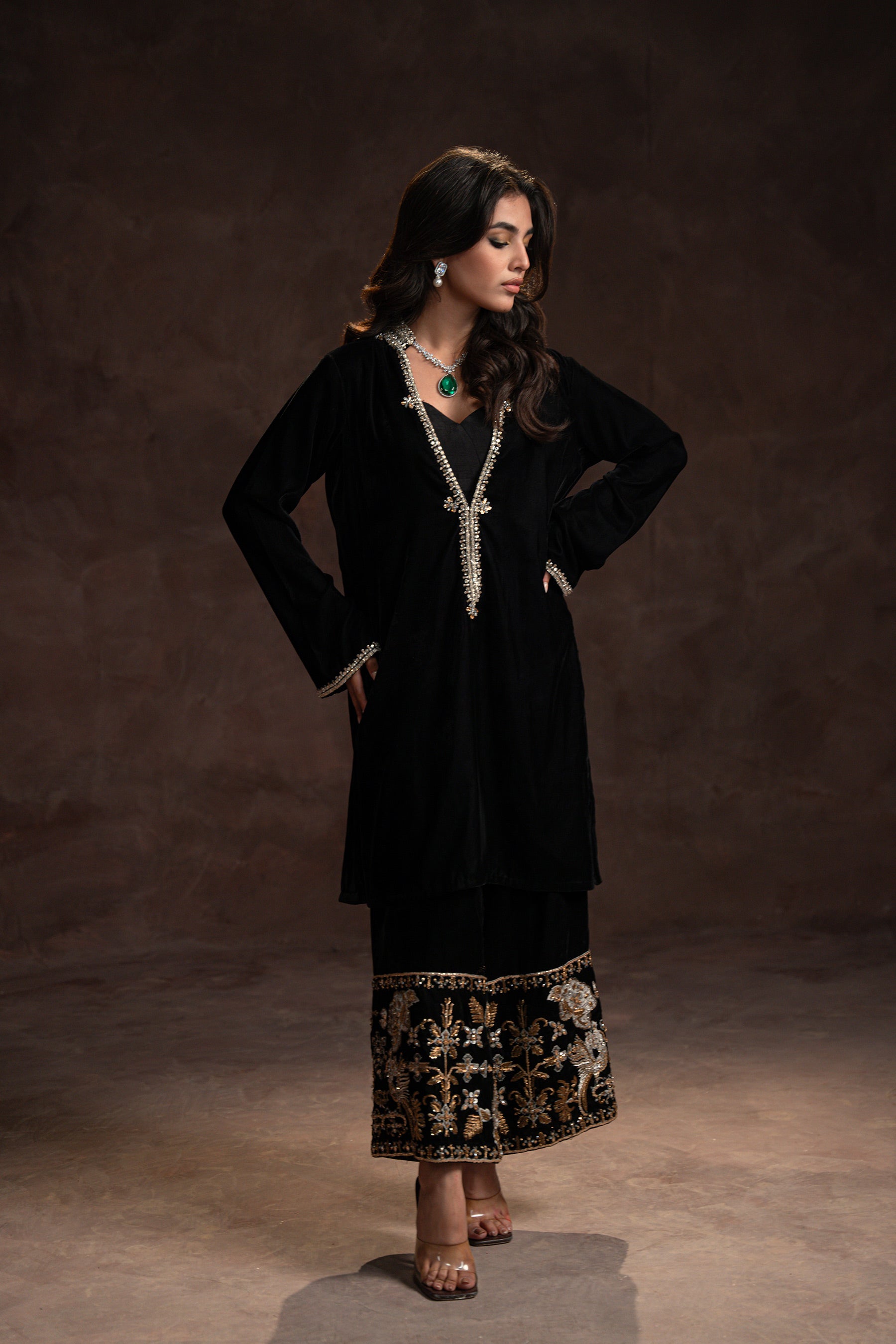 Black Crystal-Embellished Velvet Salwar Kameez (3-Piece) - Image 2