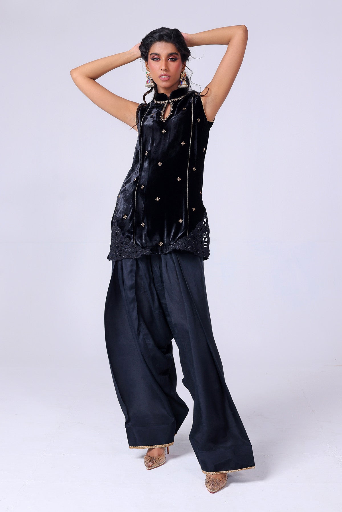 Black Zardozi Velvet Salwar Kameez (2-Piece) - Image 2