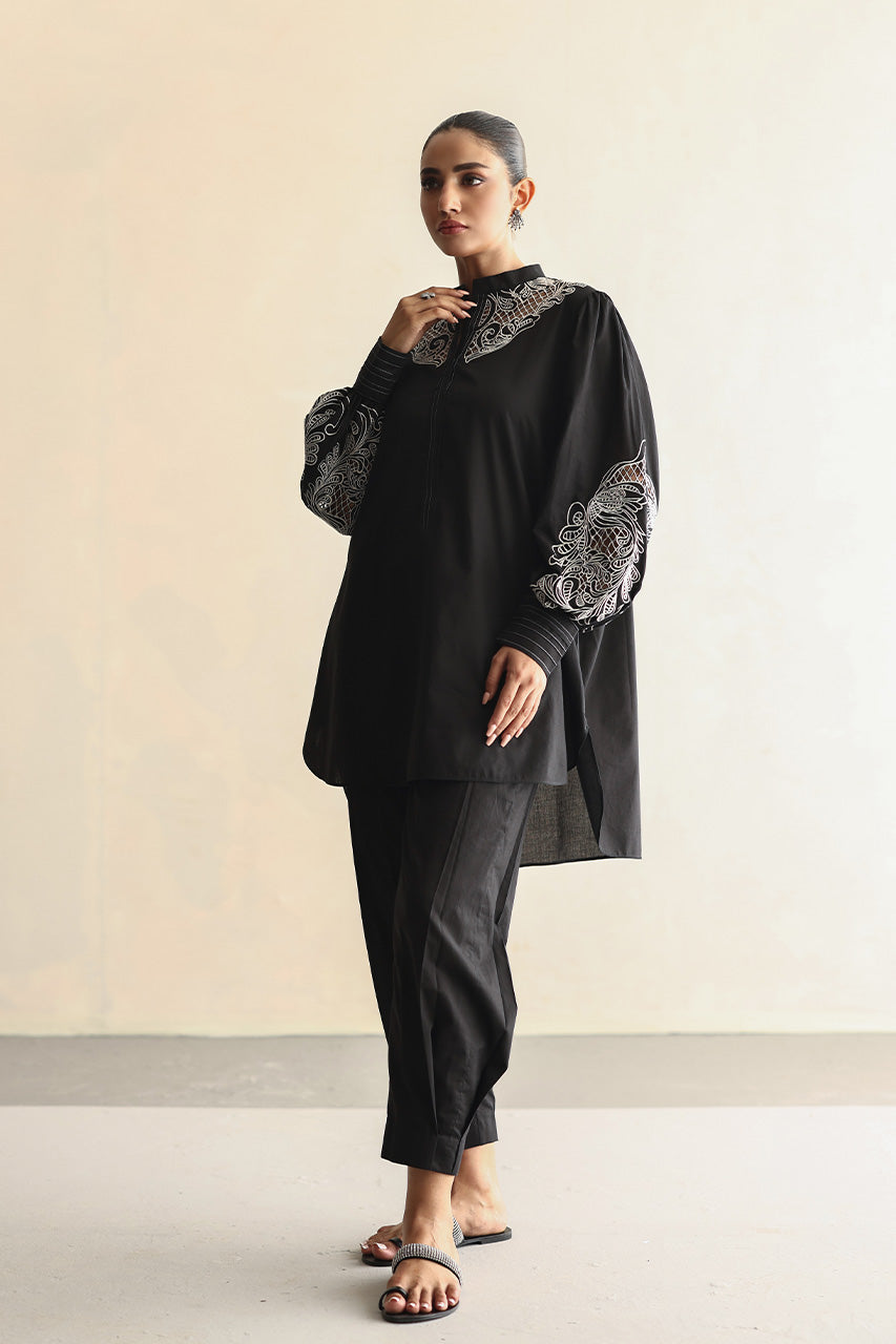Pakistani Black Embroidered Soft Voile Cotton Salwar Kameez (2-Piece) - Image 1
