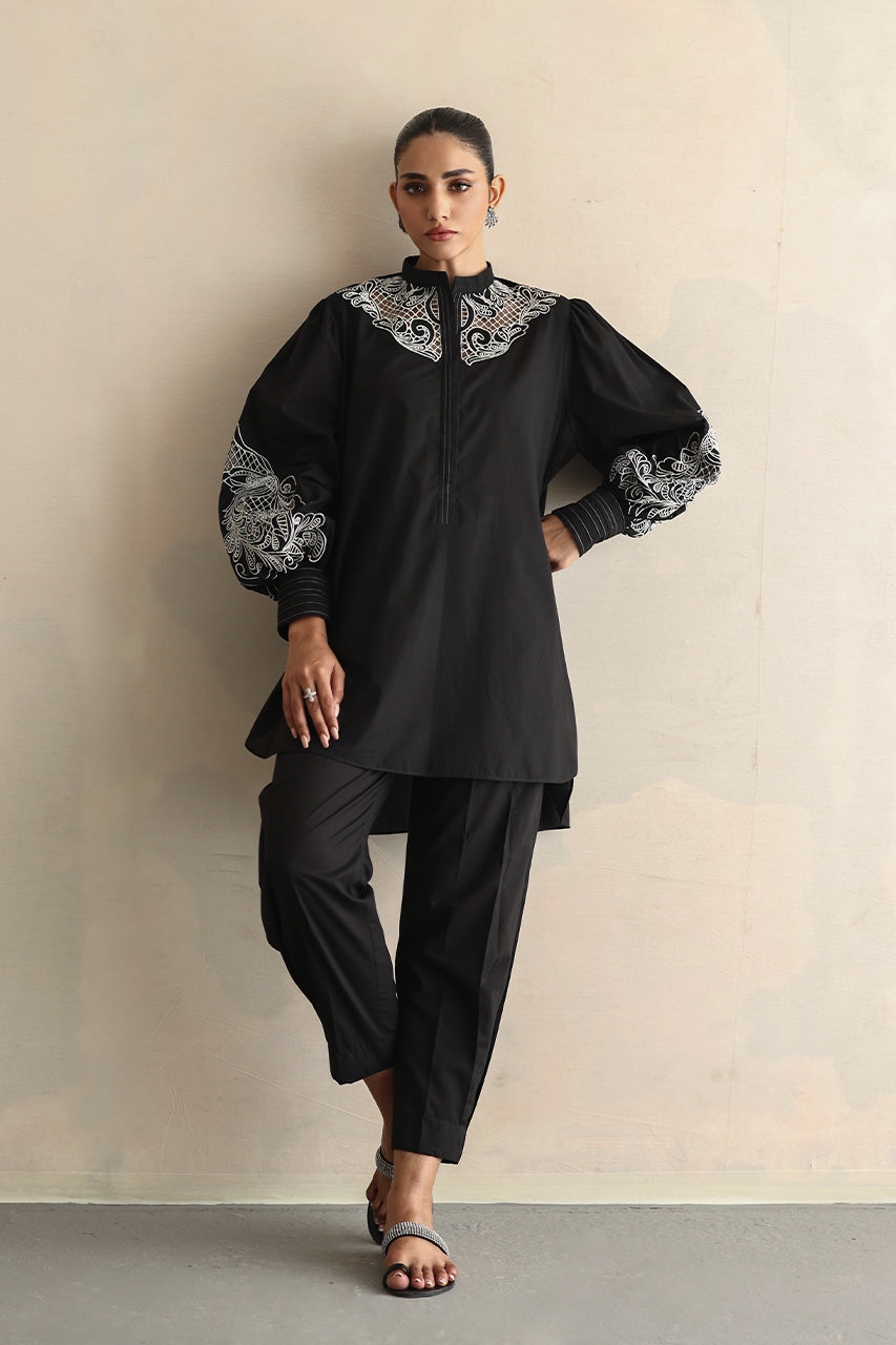 Pakistani Black Embroidered Soft Voile Cotton Salwar Kameez (2-Piece) - Image 4