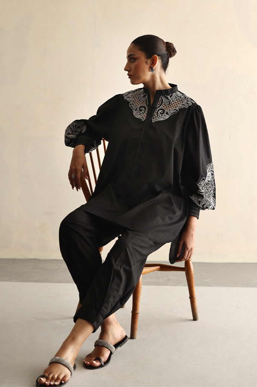 Pakistani Black Embroidered Soft Voile Cotton Salwar Kameez (2-Piece) - Image 6