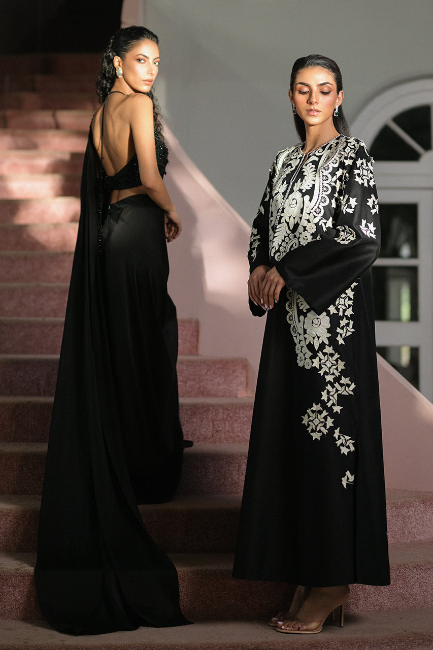 Pakistani Charcoal Beaded Charmeuse Saree (2-Piece) - Image 10