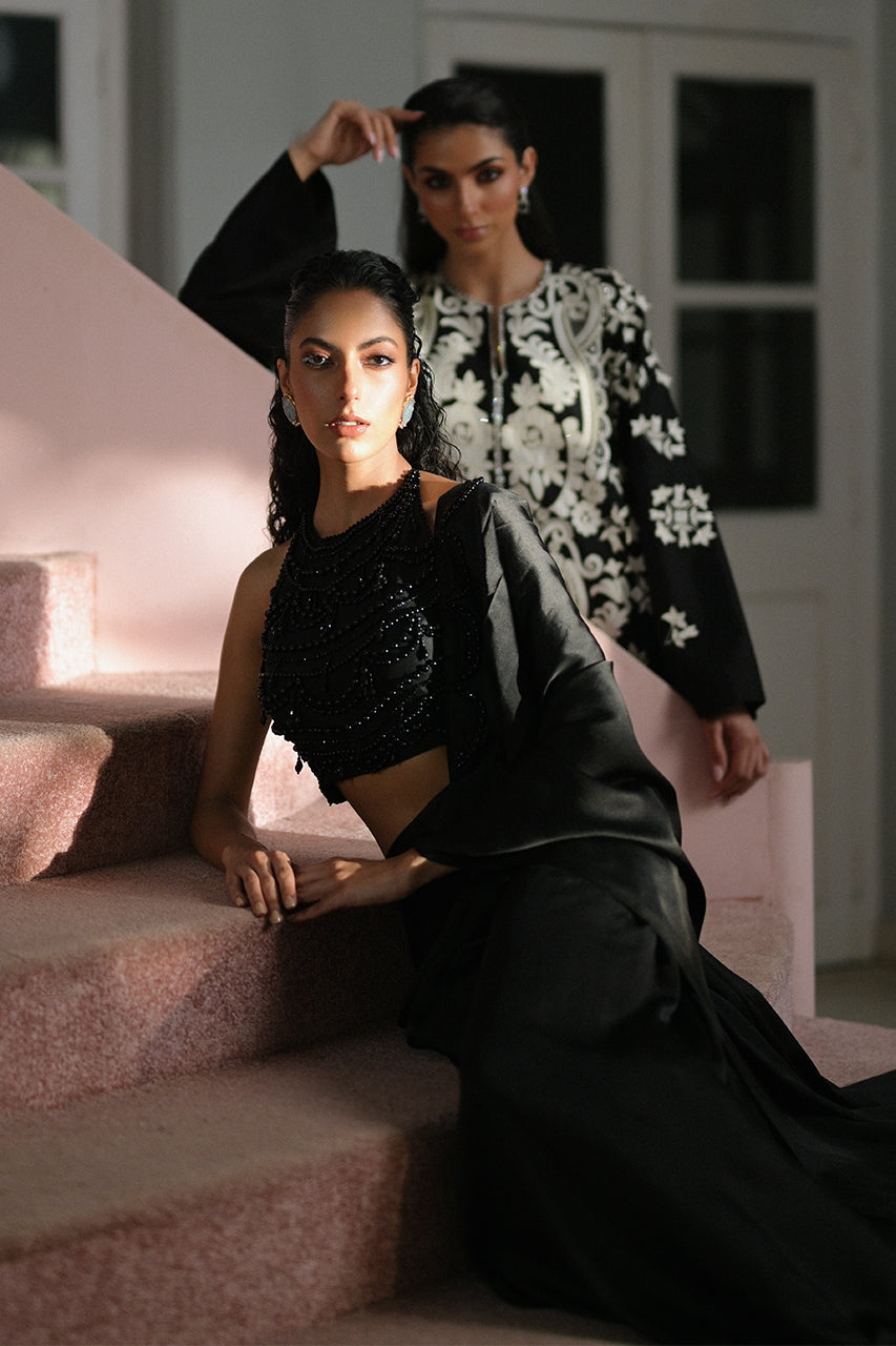 Pakistani Charcoal Beaded Charmeuse Saree (2-Piece) - Image 11