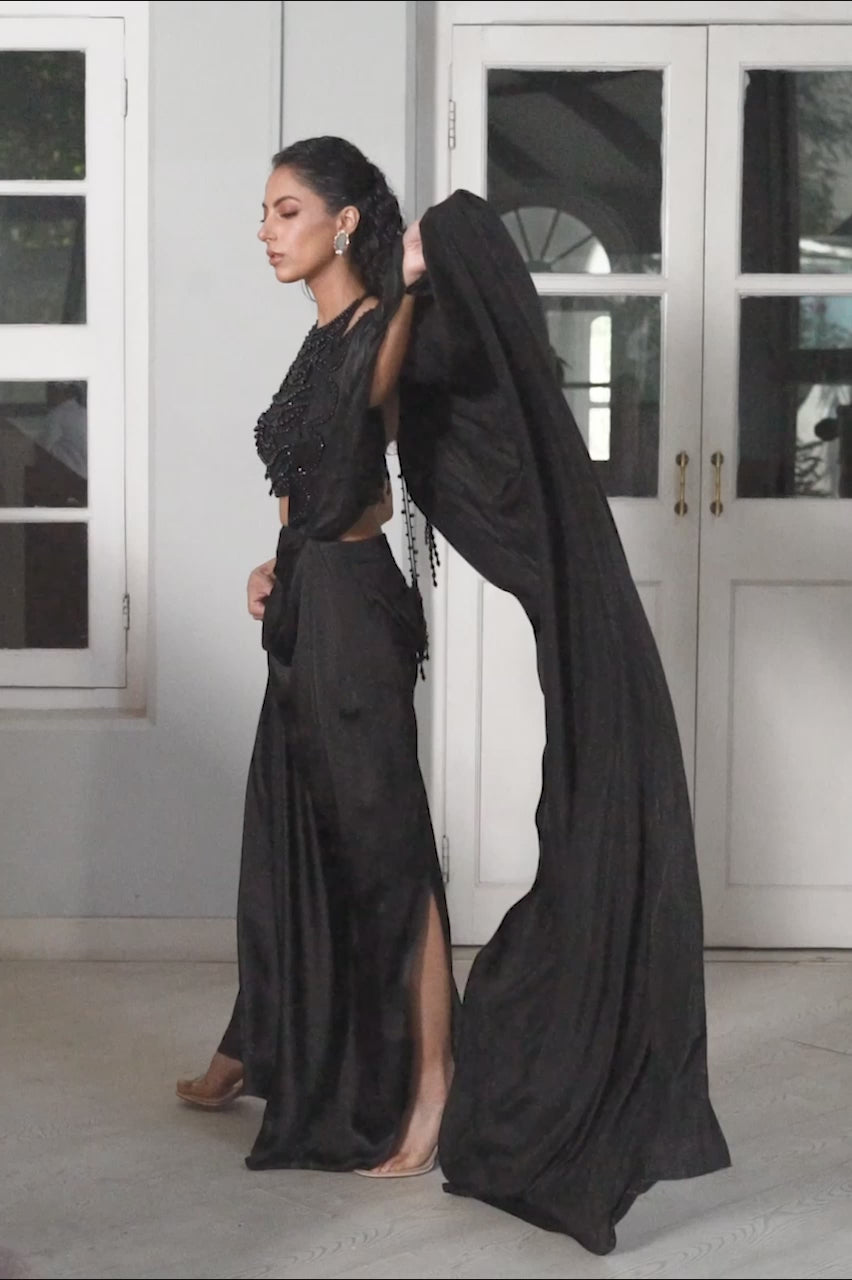 Pakistani Charcoal Beaded Charmeuse Saree (2-Piece) - Image 12