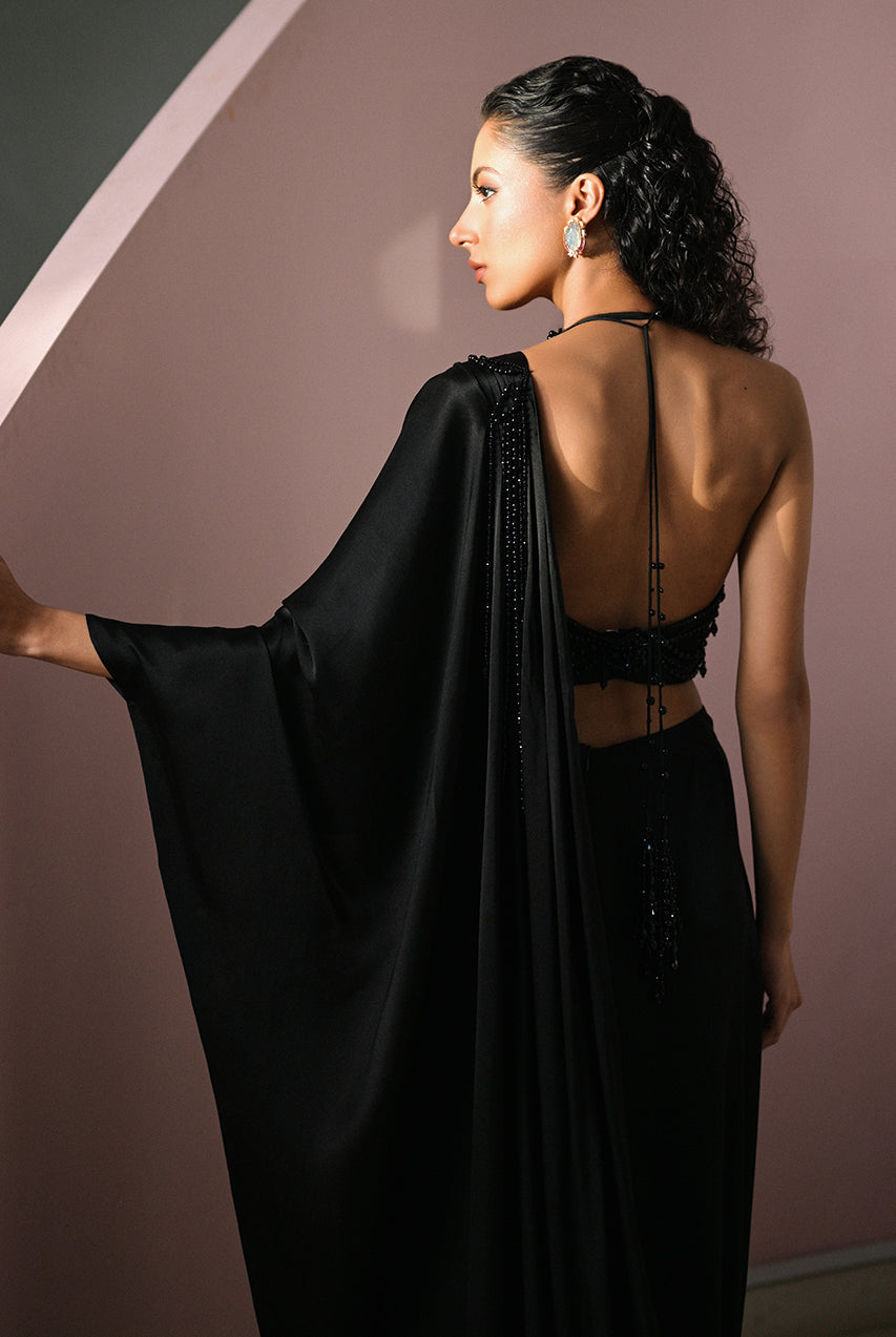 Pakistani Charcoal Beaded Charmeuse Saree (2-Piece) - Image 5