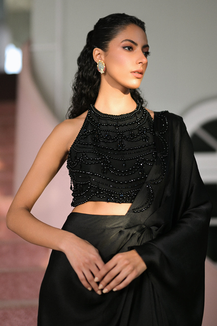 Pakistani Charcoal Beaded Charmeuse Saree (2-Piece) - Image 7