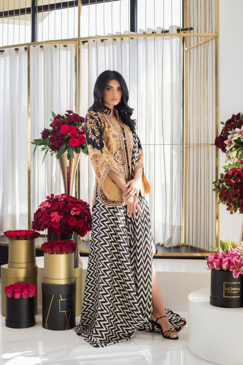 Black and White Embroidered Charmeuse Saree (2-Piece) - Image 2