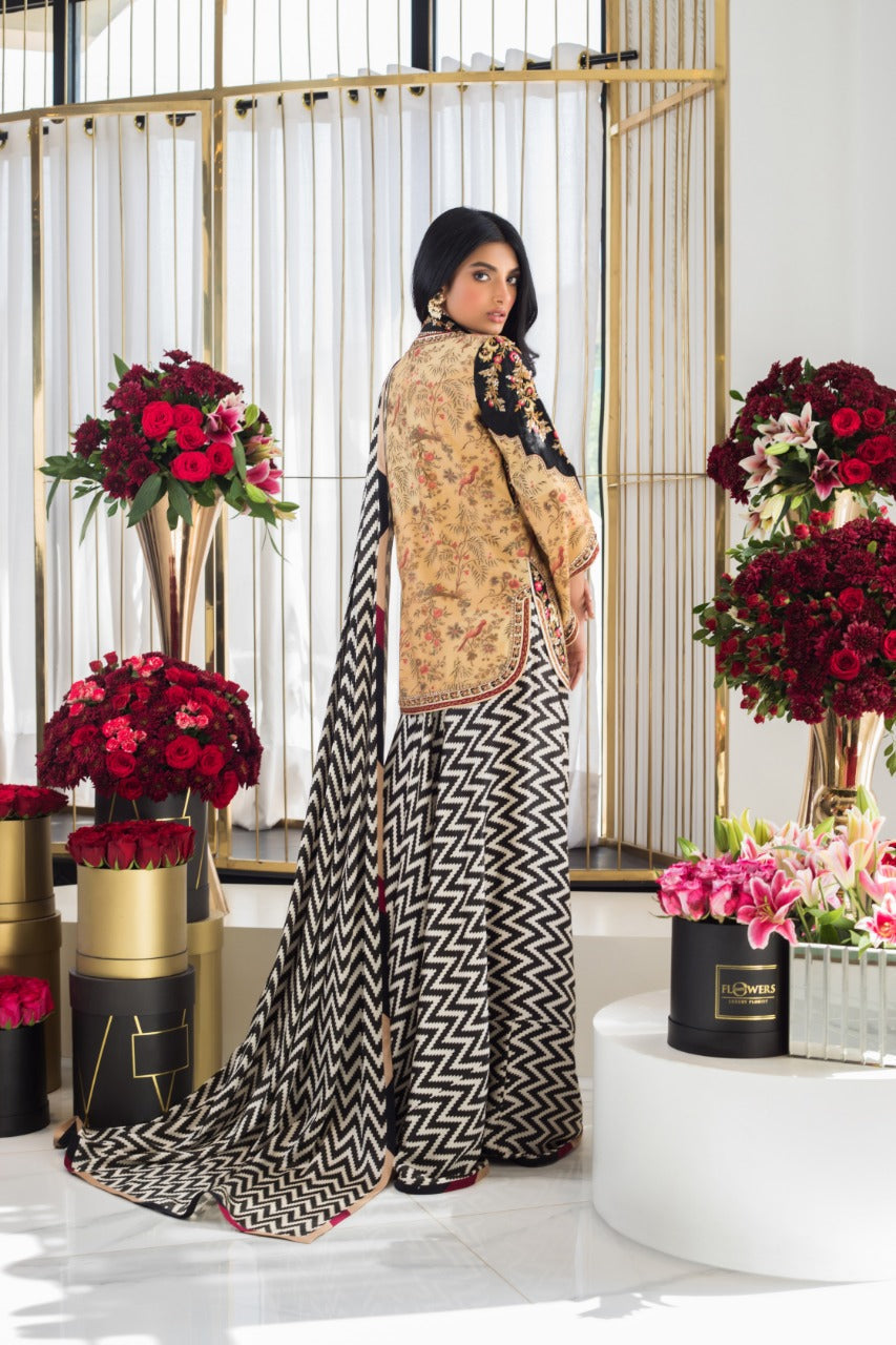 Black and White Embroidered Charmeuse Saree (2-Piece) - Image 4