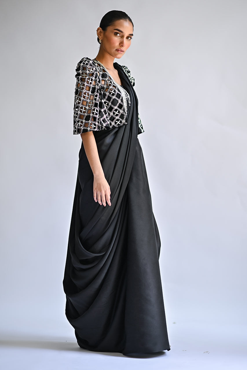 Pakistani Black Embellished Charmeuse Saree (3-Piece) - Image 4