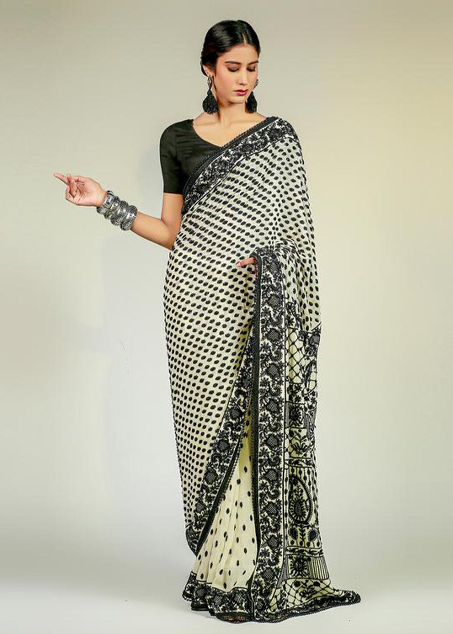 Black & White Aari Embroidered Chiffon Saree (3-Piece) - Image 1