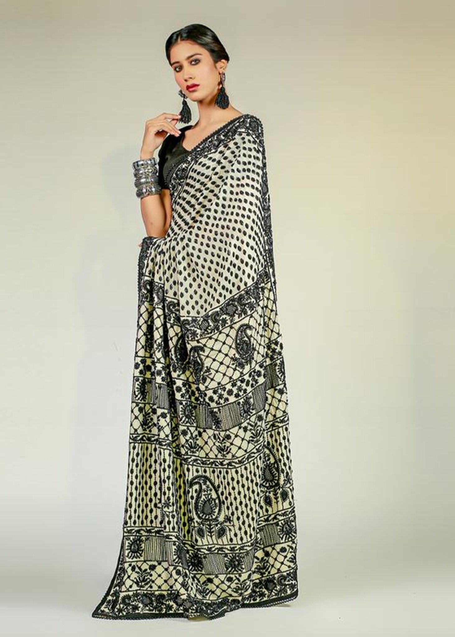 Black & White Aari Embroidered Chiffon Saree (3-Piece) - Image 2
