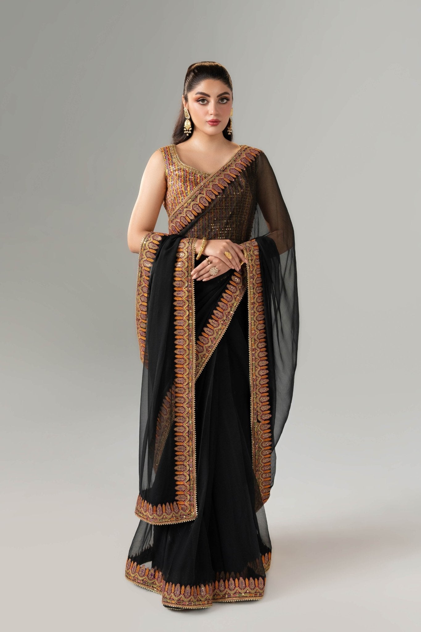 Pakistani Black Embroidered Pure Chiffon Saree (3-Piece) - Image 2