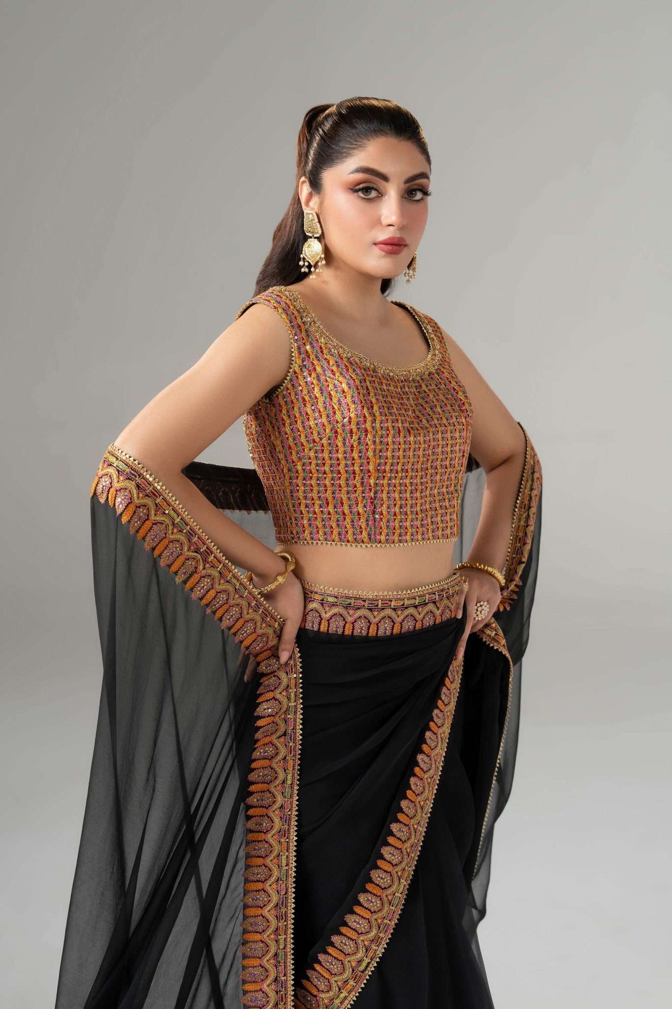 Pakistani Black Embroidered Pure Chiffon Saree (3-Piece) - Image 3