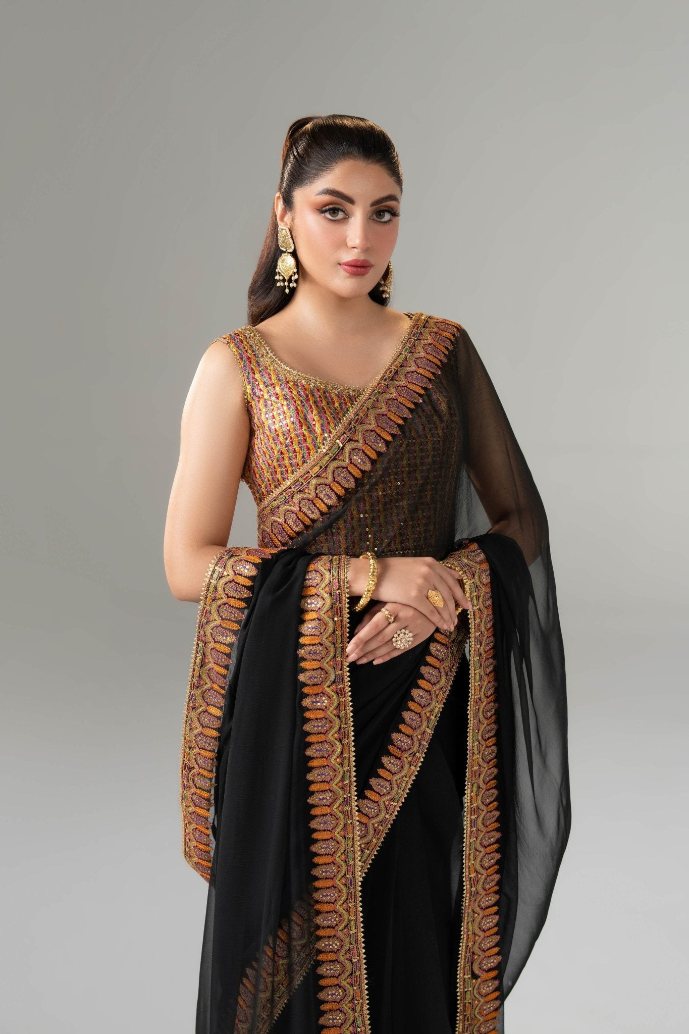 Pakistani Black Embroidered Pure Chiffon Saree (3-Piece) - Image 4