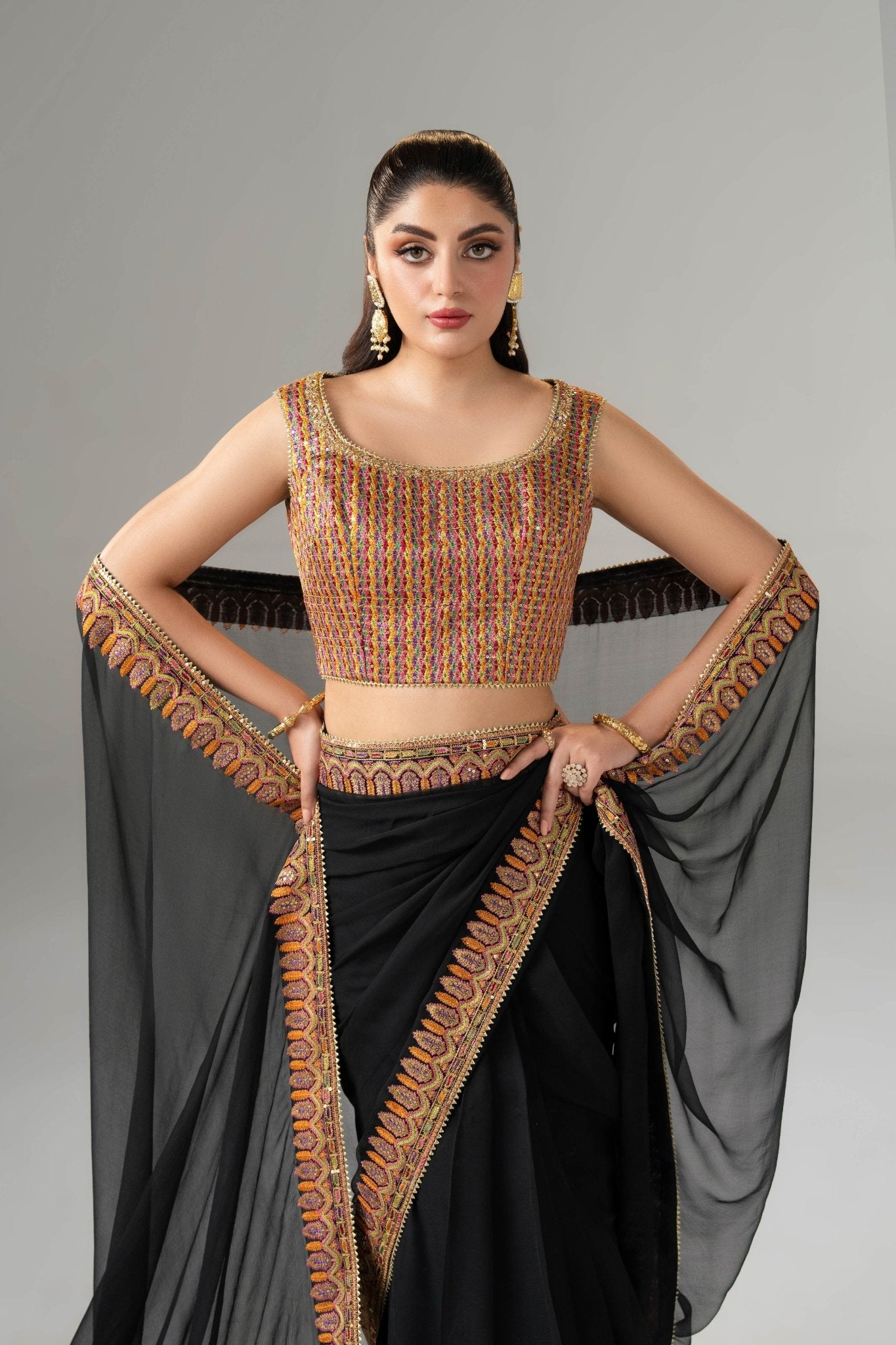 Pakistani Black Embroidered Pure Chiffon Saree (3-Piece) - Image 5